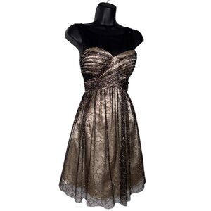 Corset Back Sparkle Circle Print Black Mesh Champagne Gold Flowy Mini Dress Prom